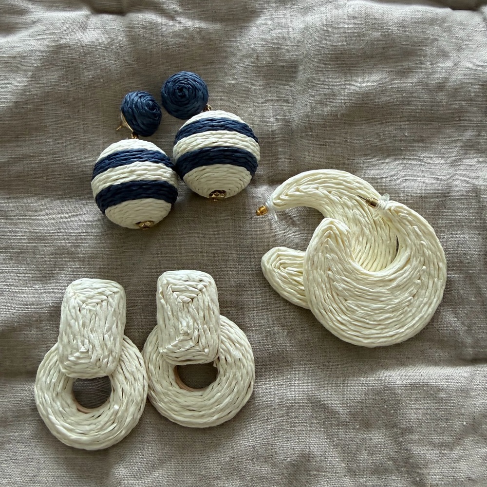 3 pairs raffia earrings.  Cream & navy